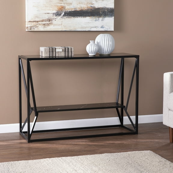 SEI Furniture Argall Metal Long Console Table with Glass Top in Black