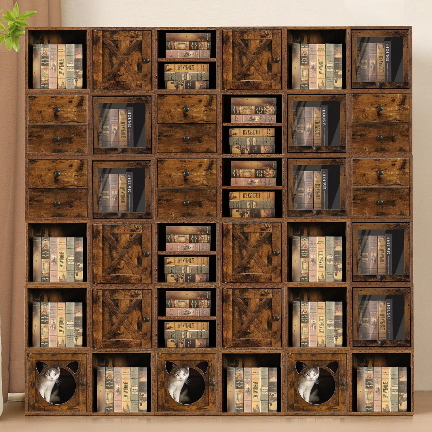 Magic DIY Cube Storage Organizer Stackable Cubes for Home Books Clothes Toy -Modular Cubby Storage System -Closet Organizer -Bookcase Closet(Antique Brown,Cat Door Cube)