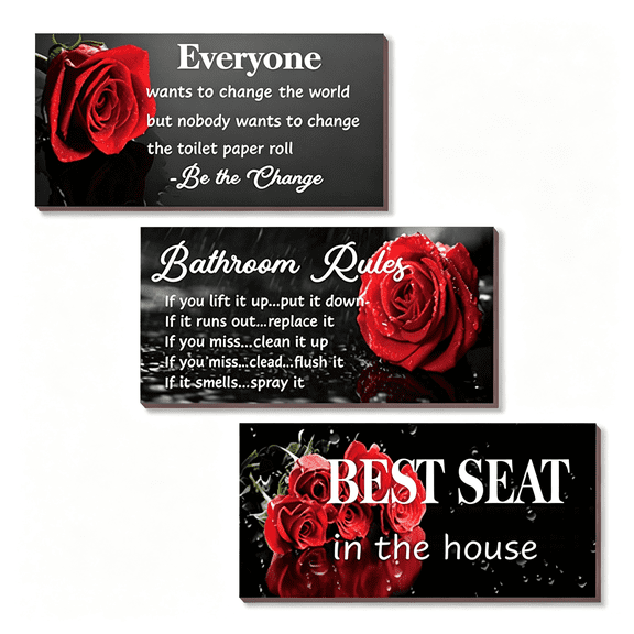 ACDANC 3 Pcs Red Bathroom Rules Decor Rustic Farmhouse Wooden Seat in the House Rose Hanging Wall Art Toilet Bathroom Accessories(Red 10X5") Vintage Charm Red Wall Decor