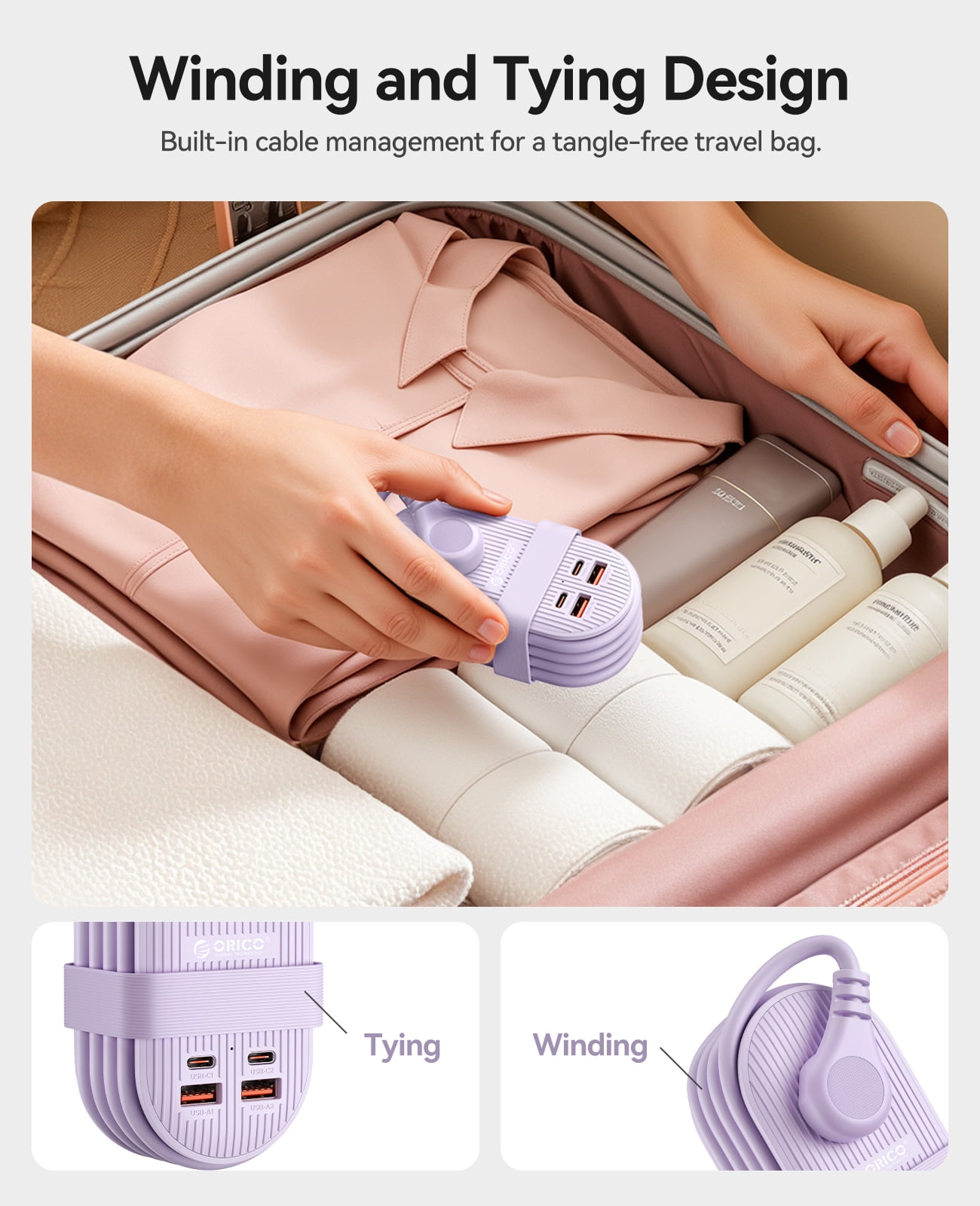 ORICO 65W 7-in-1 Portable Travel Power Strip with USB Ports – 4.4ft Flat Plug Extension Cord with 3 AC Outlets, 2 USB-A, 2 USB-C , Cruise Ship Approved Compact Charging Station(65W,PURPLE)