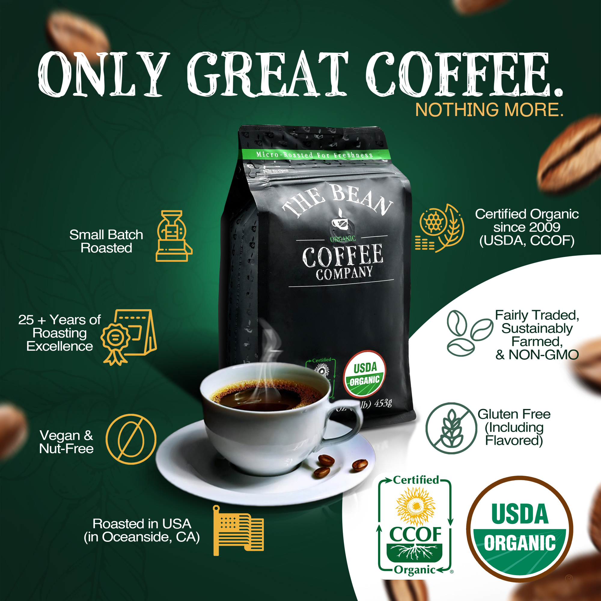 The Bean Organic Coffee Company Breakfast Blend, Medium Dark Roast, Ground Coffee, 5-Pound Bag