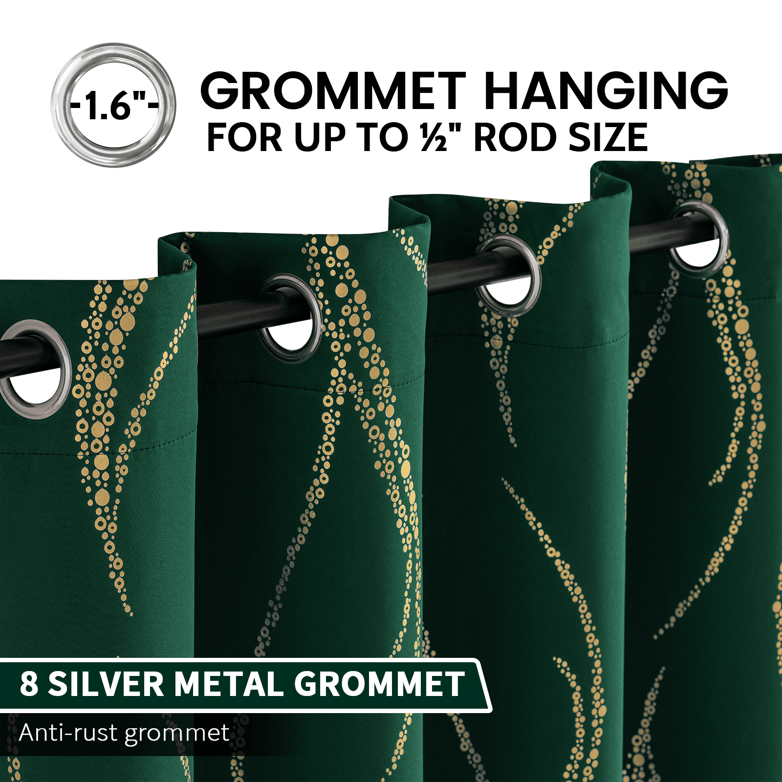 Yakamok Blackout Curtains for bedroom - Wave Line with Dots Gold Print Design Noise Reducing Thermal Insulated Ring Top Blackout Window Drapes for Livingroom (2 Panels, 52 x 84Inch, Emerald Green)