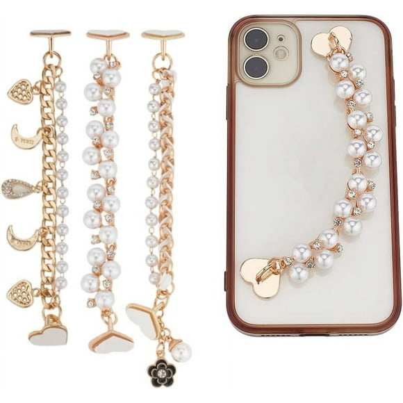 3Pcs Beaded Cell Phone Chain Charms Pearl Phone Chain Decoration Lanyard Heart Moon Beaded Phone Charm Strap Rhinestone Diamond Gold Chain Universal Mobile Phone Finger Strap for Women