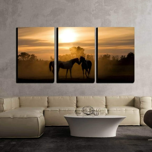 wall26 - 3 Piece Canvas Wall Art - Silhoutte Horses in Love in The Netherlands at Sunset - Modern Home Art Stretched and Framed Ready to Hang - 16"x24"x3 Panels