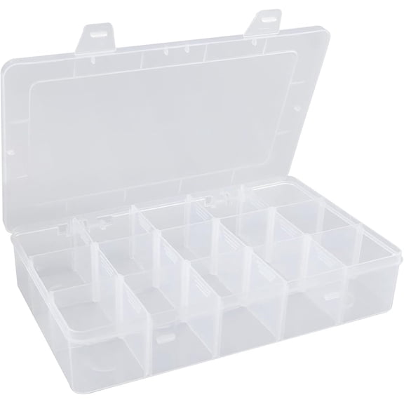 Plastic Organizer Box,15 Grids Craft Storage Container,Clear Organizer Box with Adjustable Dividers for Jewelry,Art,DIY,Crafts,Tapes,Beads and Small Parts