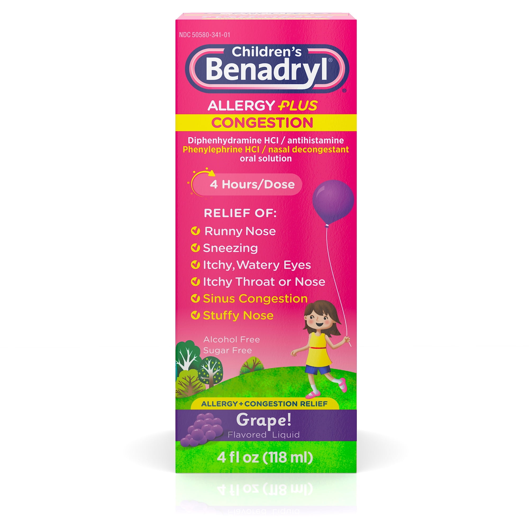 Benadryl-D Children's Allergy and Sinus Liquid Grape 4 oz (Pack of 4)