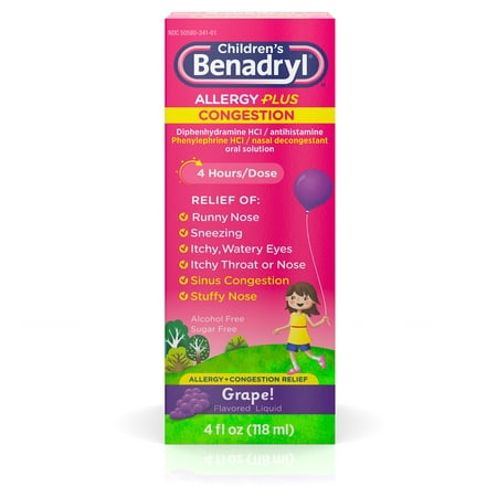 Benadryl-D Children's Allergy and Sinus Liquid Grape 4 oz (Pack of 4)