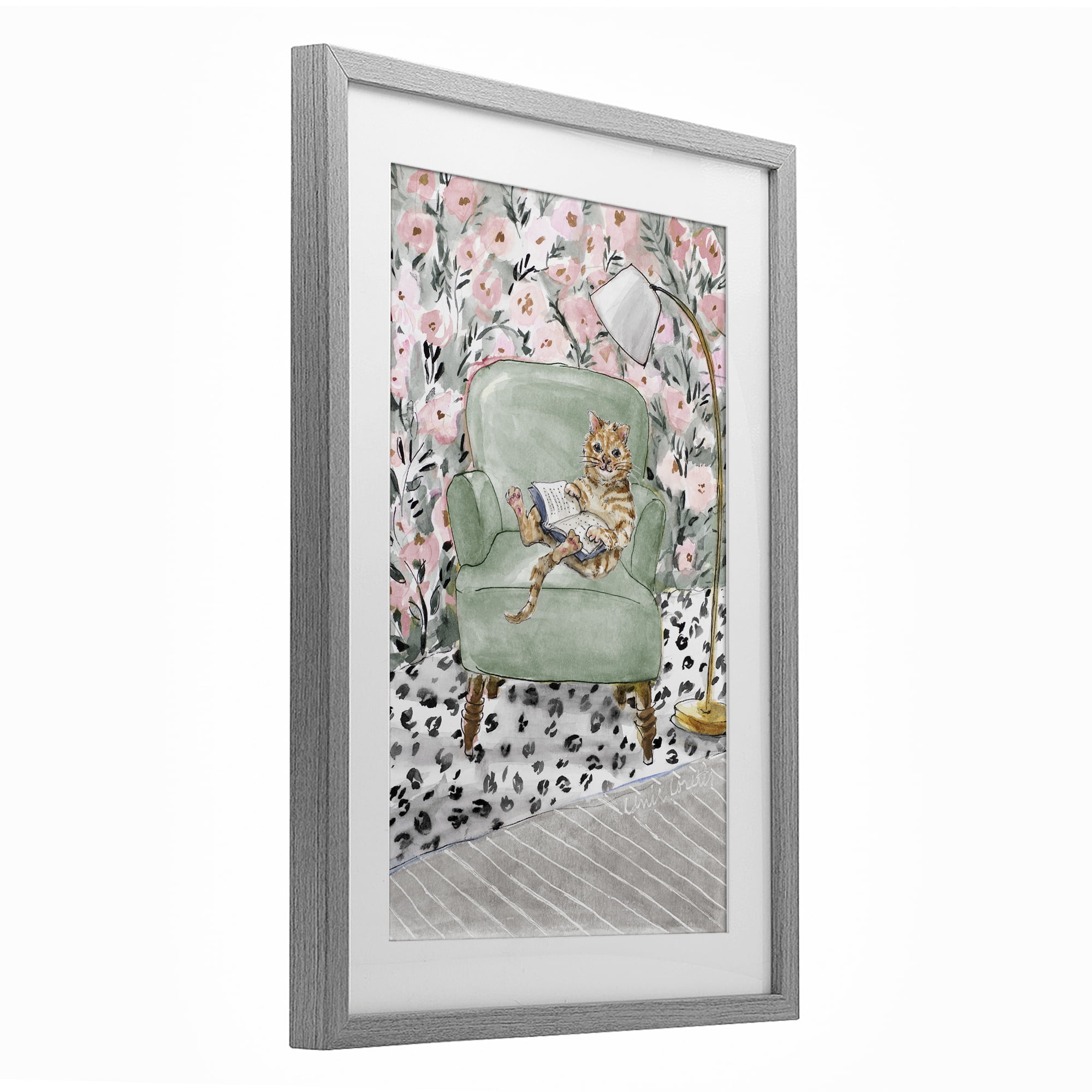 Stupell Industries Cozy Cat Reading Gray Framed Print Under Glass, design by Lanie Loreth