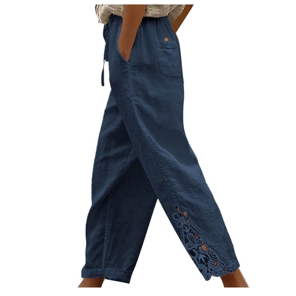 WREESH Womens Cotton Linen Pants Solid Fashion Lace Relaxed Bandage Pocket Button Waist Full Length Pants Blue