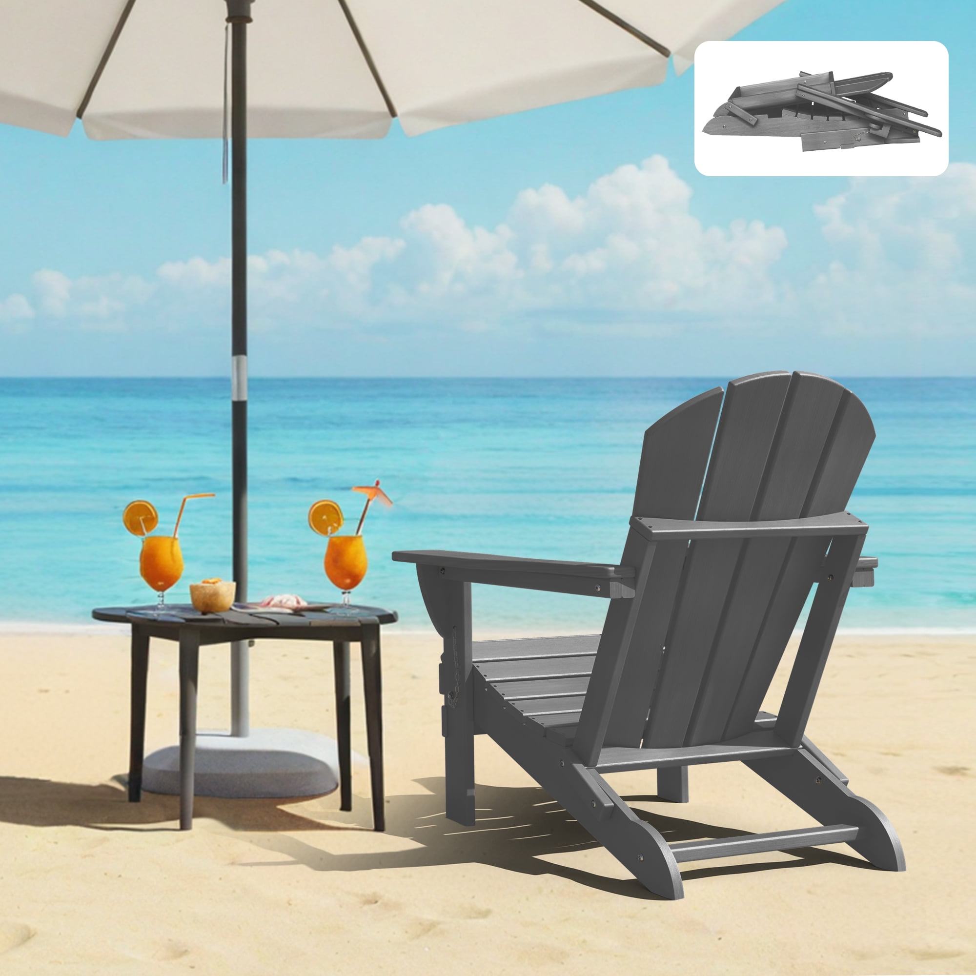 Folding Adirondack Chair Outdoor Fire Pit Chairs with Cup Holder Patio Poolside Garden Gray