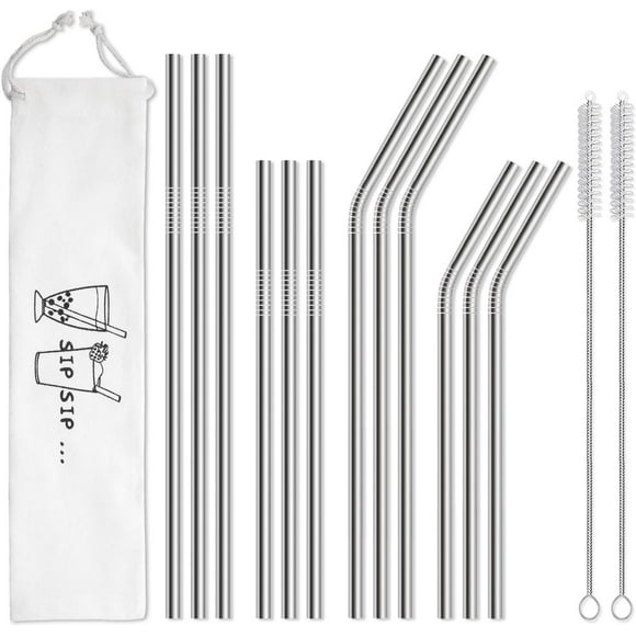 12-Pack Reusable Stainless Steel Metal Straws with Case - Long Drinking Straws for 30 oz and 20 oz Tumblers Yeti Dishwasher Safe - 2 Cleaning Brushes Included