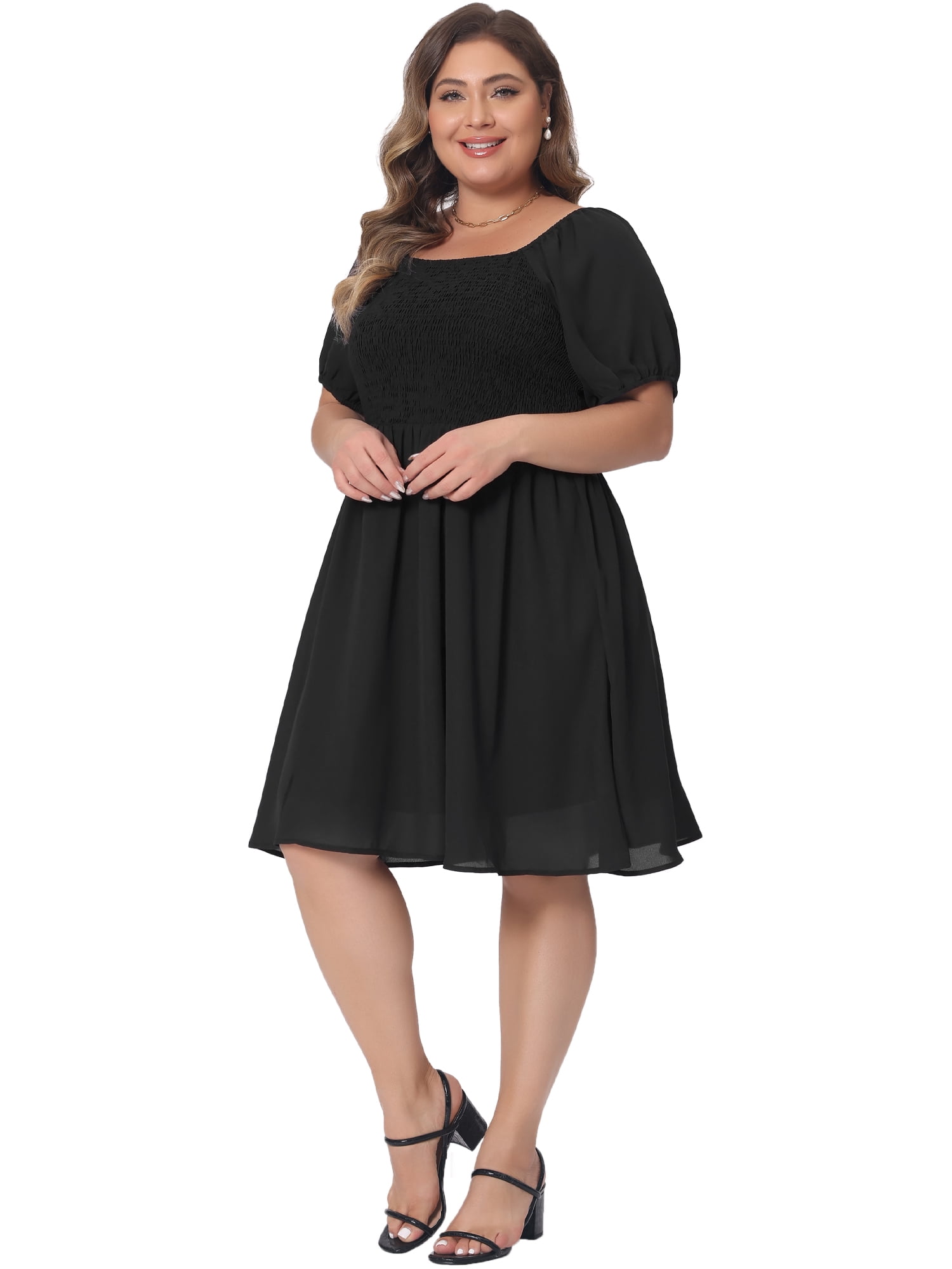 DARING DIVA Women's Plus Dress Smocked Square Neck Stretchy Midi Dress 3XL Black