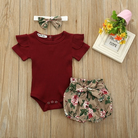 

RPVATI Infant Baby Toddler Child Children Kids Clothes Ruffle Short Sleeve Bodysuit Headwear + Floral Shorts Set 3 Pieces Summer Outfits Set