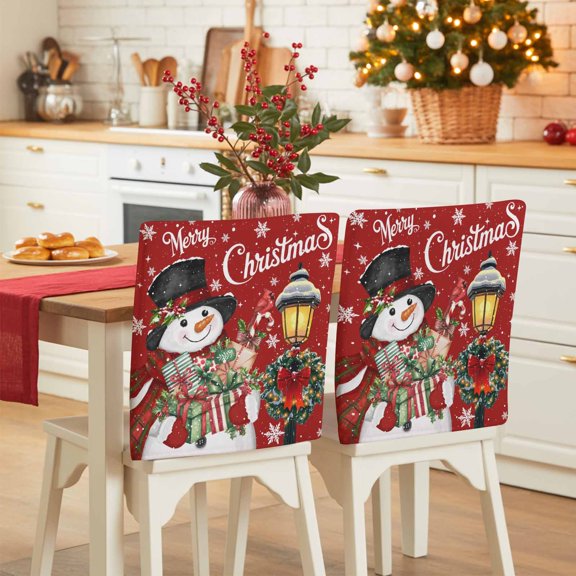 Christmas Snowman Chair Covers Set of 4 Xmas Box Winter Snow Wreaths Lights Red Chair Back Covers Stretch Removable Washable Slipcovers Protector for Dining Room Kitchen Party Decor