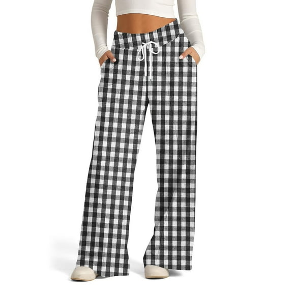 WTOBBY Women's Wide Leg Casual Pants High Waist Plaid Sports Trousers, Comfortable Stretch Athletic Pants for Jogging and Lounge Wear,Black L