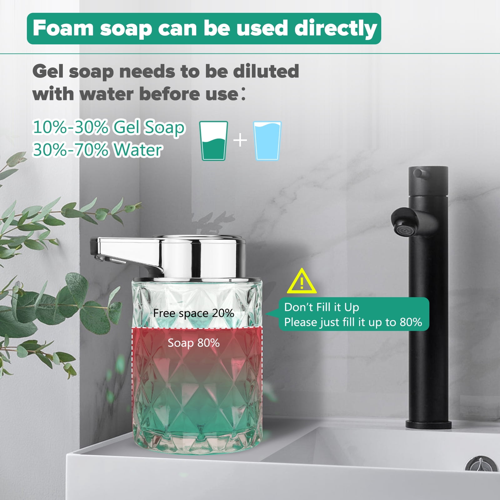 Automatic Liquid Soap Dispenser Touchless Auto Glass Clear Diamond Design Hand Lotion Soap Dispenser with Pump Electric Hands Free Modern Dish Soap Dispenser Rechargeable for Kitchen Bathroom