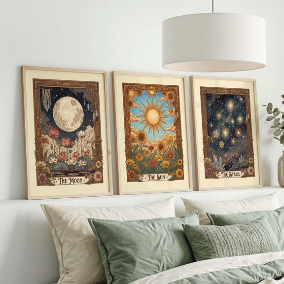 Tarot Wall Art Set: Vintage Celestial Botanical Prints (Sun Moon Stars), Poster Only