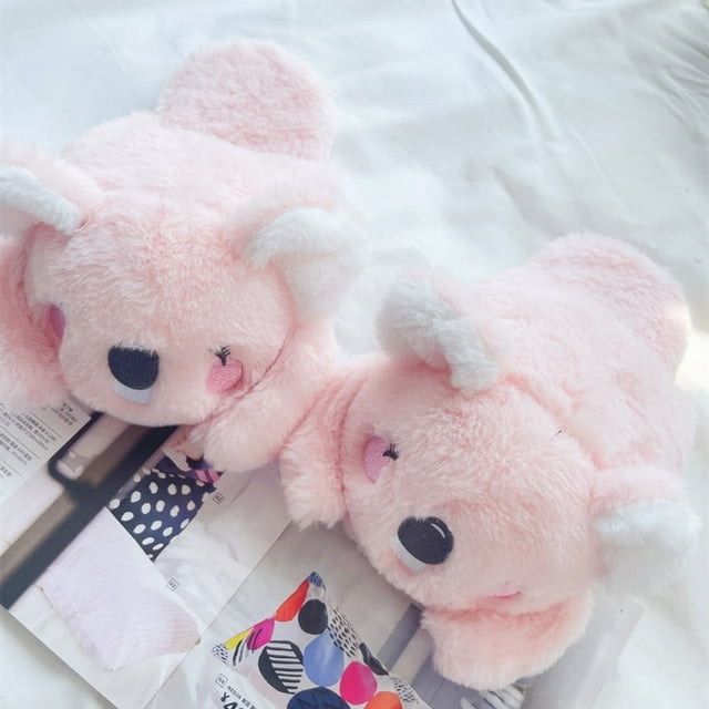Long Plush Slippers Cute Animal Home Cotton Shoes Woman Girl Warm Winter Indoor Floor Shoes Flat Casual Non-slip Pink Grey