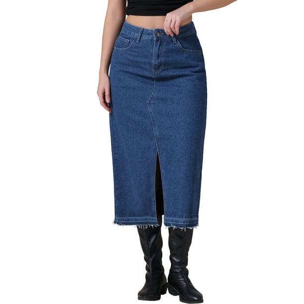 Falda de mezclilla midi ajustada de cintura alta con abertura y dobladillo sin terminar para mujer INSPIRE CHIC XL azul oscuro
