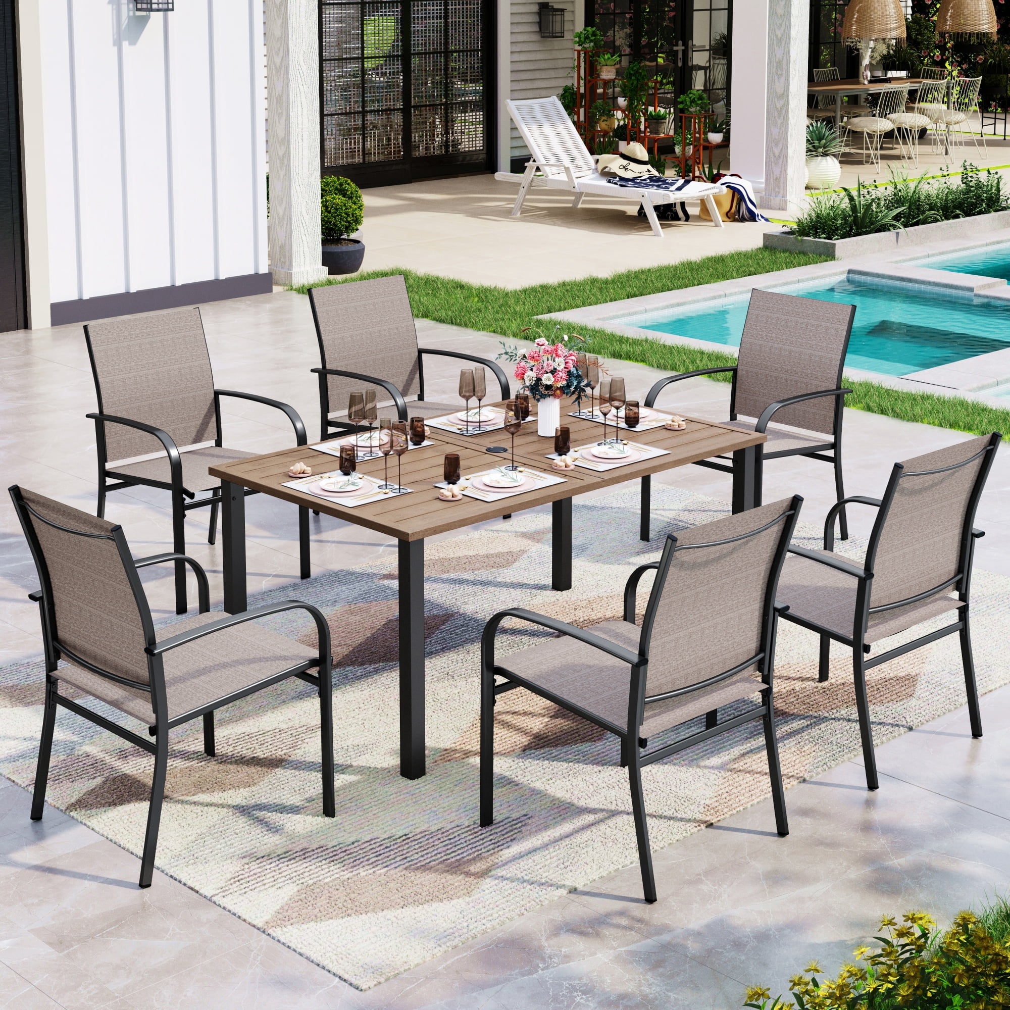 Sophia & William 7 Piece Outdoor Patio Dining Set 60" Teak Dining Table and 6 Brown Textilene Chairs