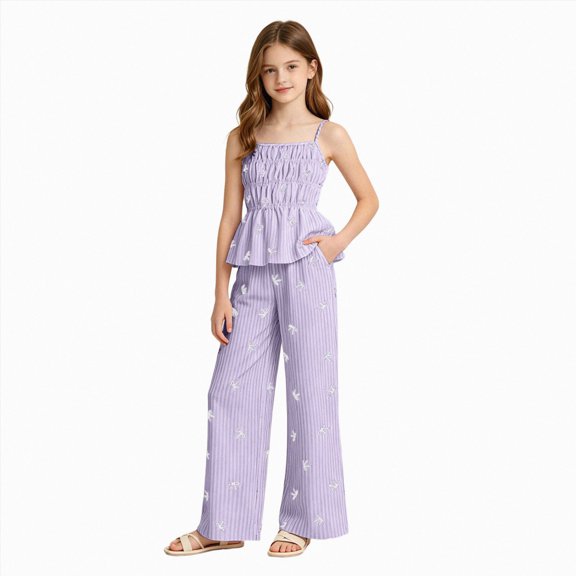 UAYOTSE Girls Summer Wide Leg Pants 2Pcs Set Fashion Top Trousers Casual Outfit 5-15Y Size 9-10 Years