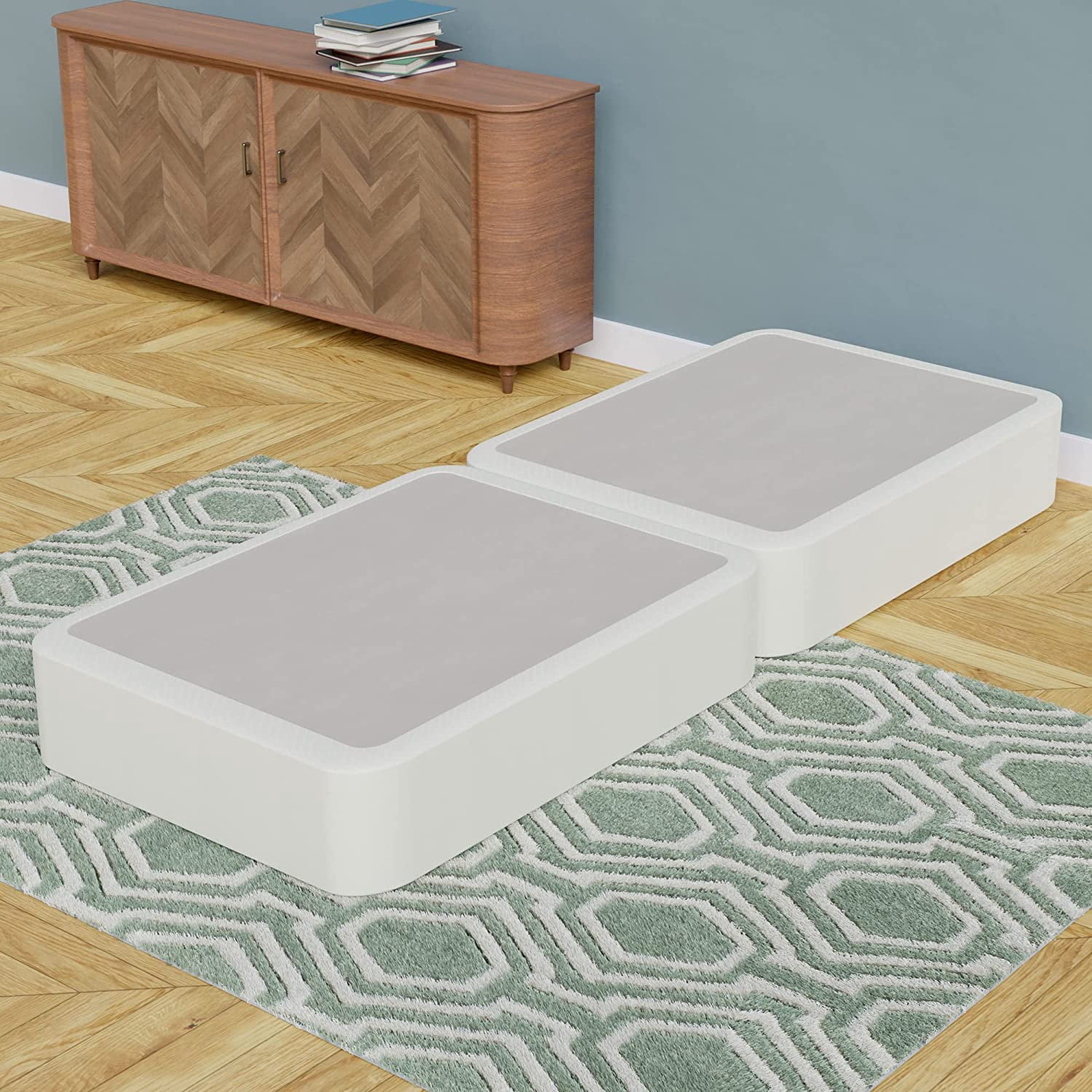 4-Inch Sturdy Split Box Spring for Mattress Support-Durable and Fully Assembled, Natural Wood Foundation for Full, White, Beige