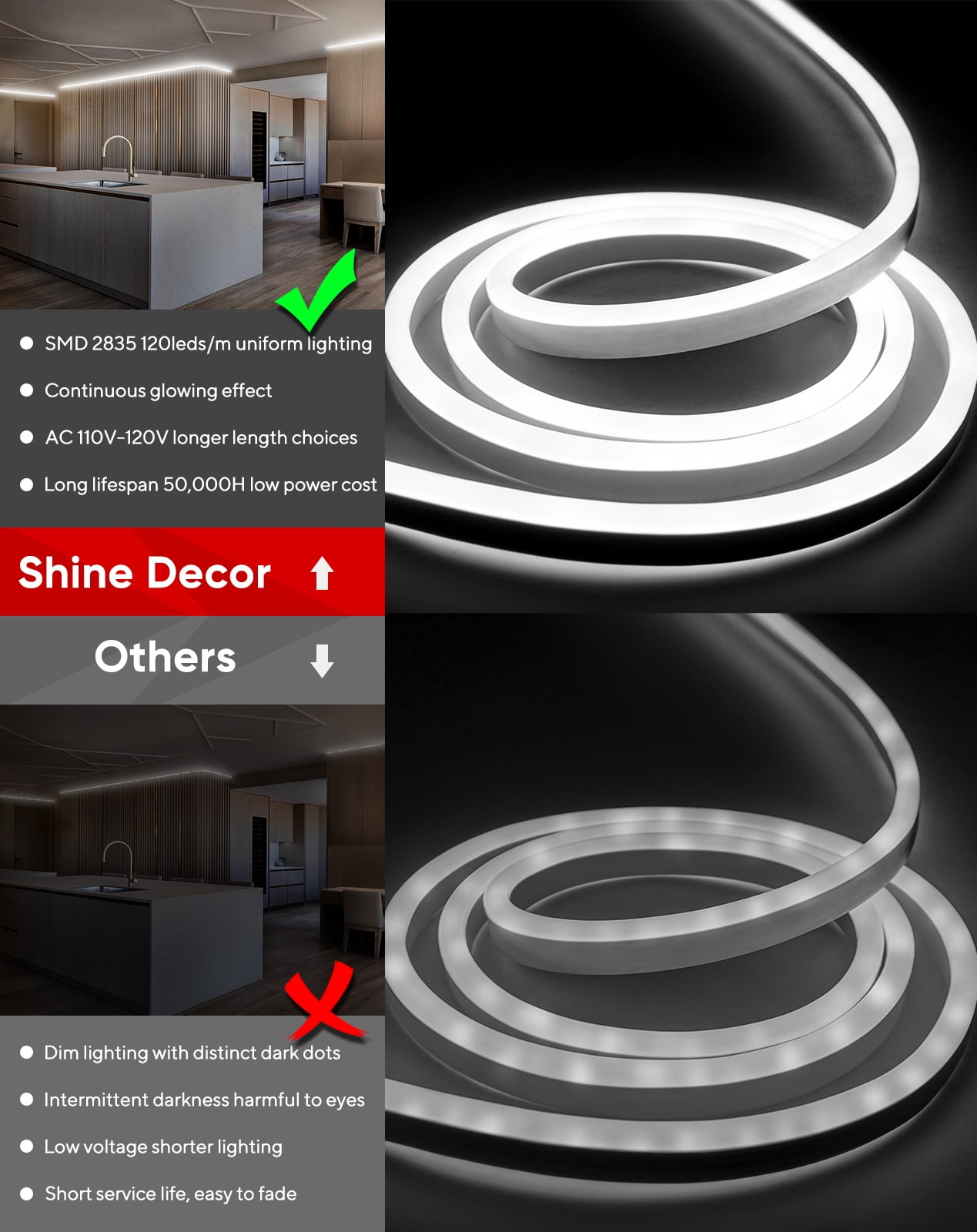 Shine Decor 16.4FT LED Neon Rope Lights, Bright 6300K Cool White AC110V-120V Neon Strip Light, 8x16mm Cuttable Waterproof SMD2835 120LED/M Indoor Outdoor Light Strips, DIY Ambiance Lighting Decoration