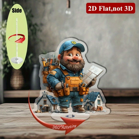 Rotating acrylic display featuring a friendly giant construction worker with tools carrying ceramic flooring beside small houses in a charming Pixar style