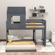 Twin Over Full Bunk Bed for Kids Teens, Solid Wood Full Bunk Bed Frame with Window, Guardrail, Roof for Boys & Girls