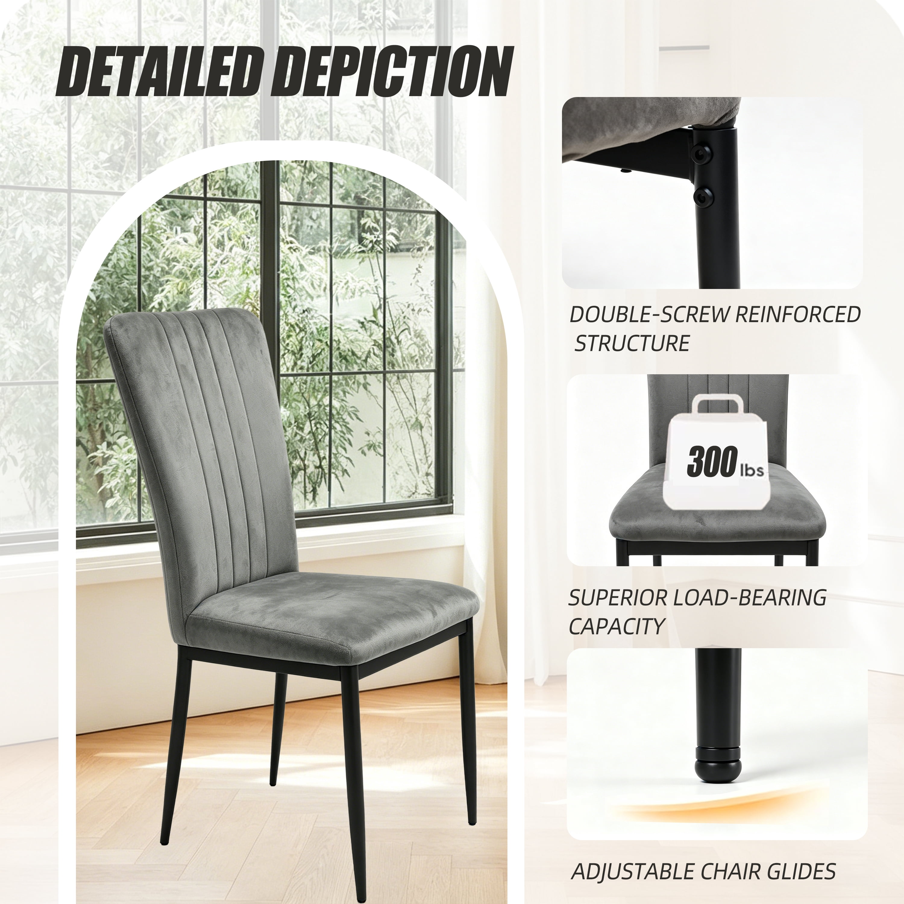 Dining Chairs Set of 4, Velvet Upholstered with Metal Legs and Adjustable Feet, Modern Kitchen Chairs for Dining Room and Living Room, Dark Grey