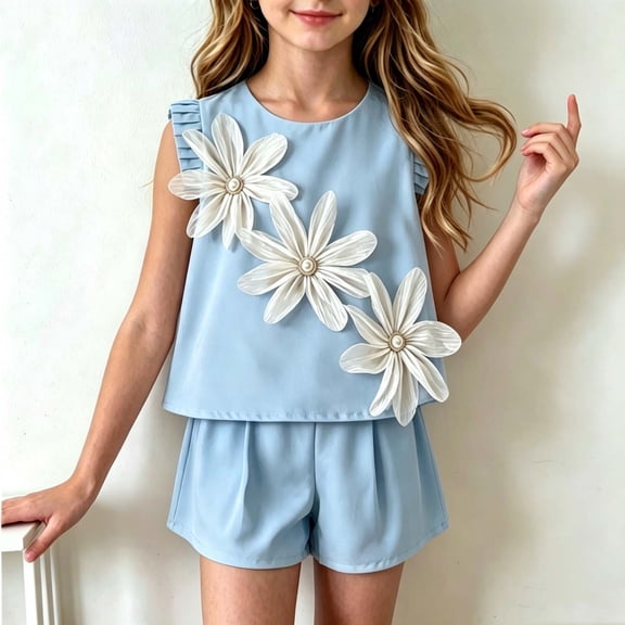 Girls 2 Piece Outfit 3D Floral Applique Sleeveless Tank Top And Pleated Shorts Set Kids Summer Casual Ruffle Clothes Tween Fashion Boutique Suit Apparel