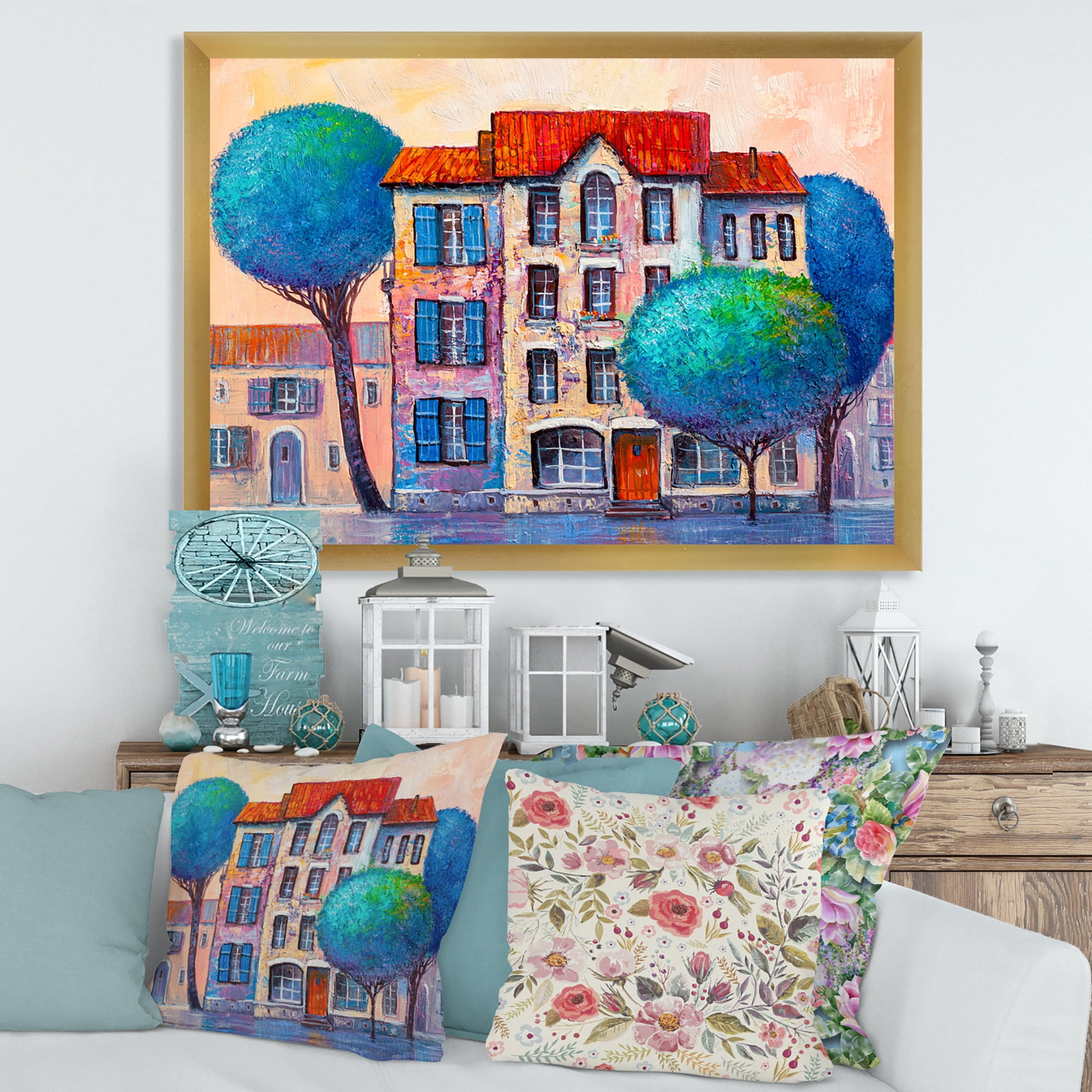Designart 'Colorful Autumn Trees and A House With Red Roof' Modern Framed Art Print