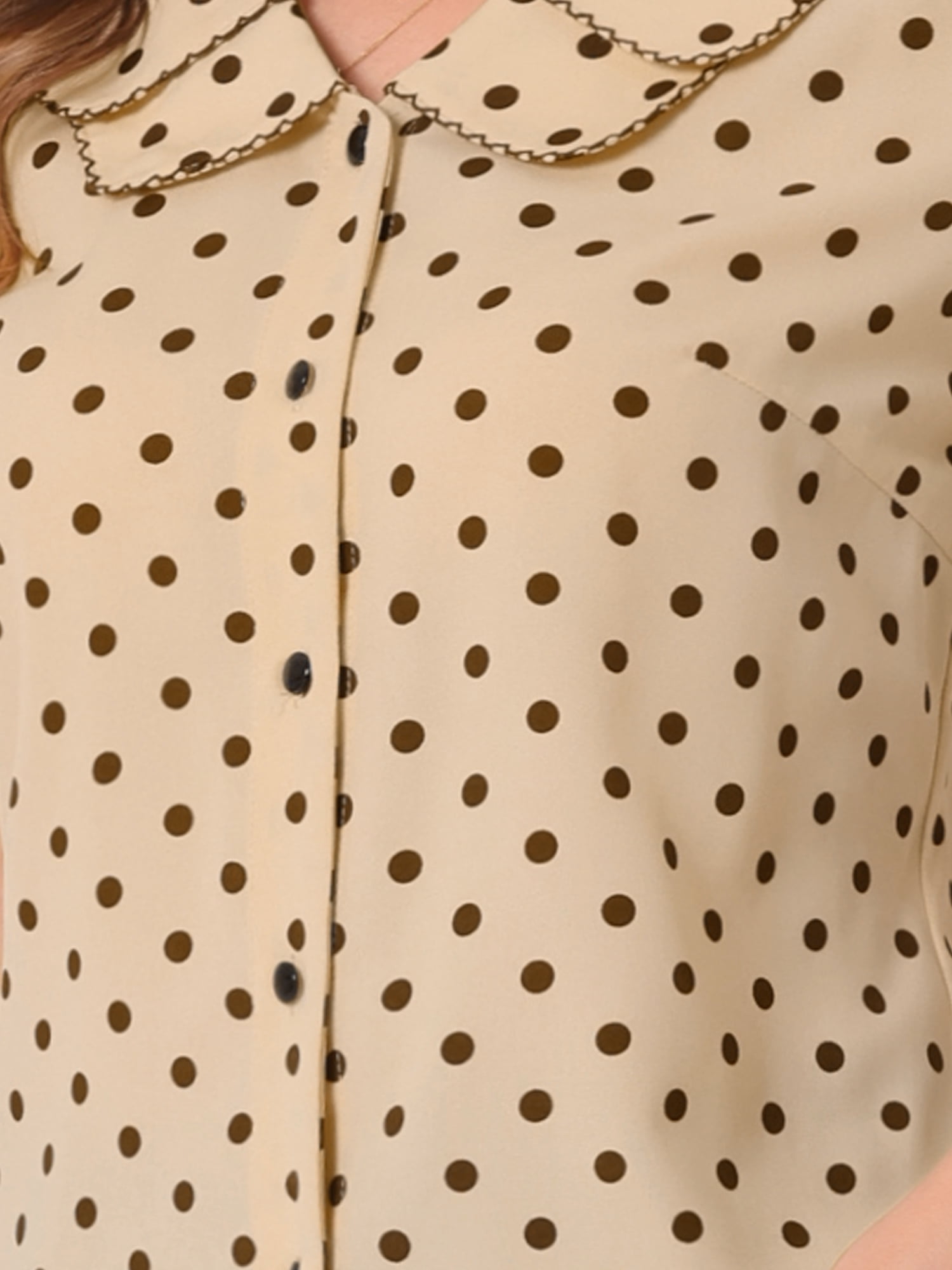 DARING DIVA Women's Polka Dots Peter Pan Collar Puff Sleeve Shirt XS Light Brown