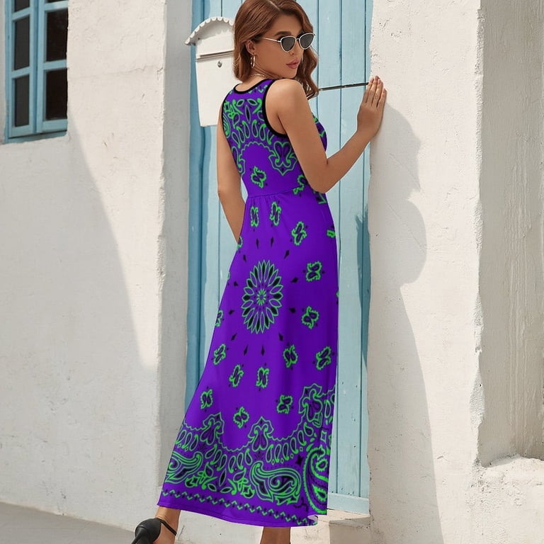 purple bandana dress Classic Paisley Bandana, Purple And Green Dress Fashion Boho Beach Long  Dresses Female Party Printed Maxi Dress