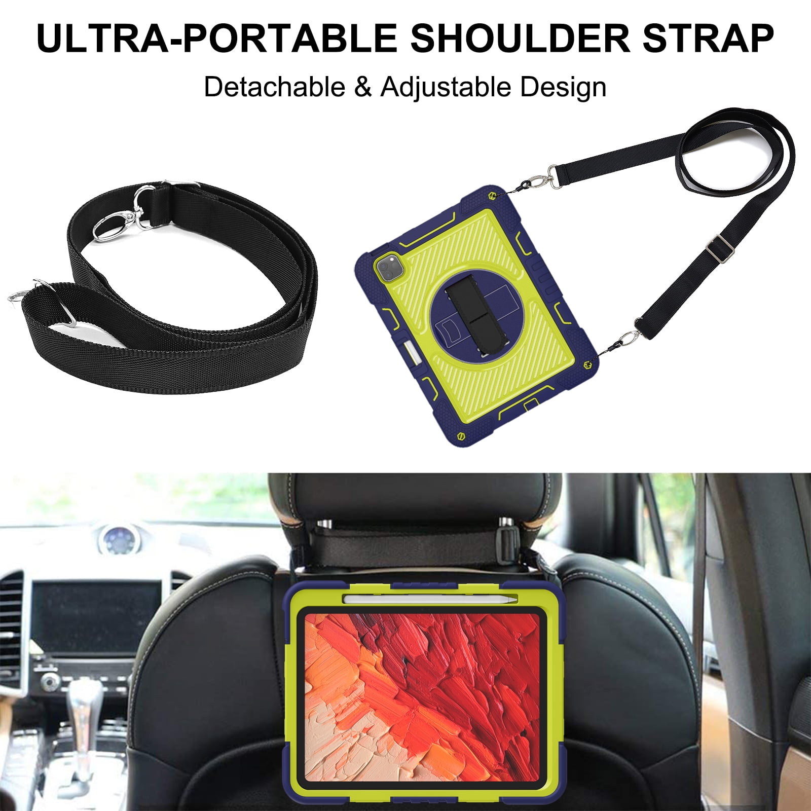 ELEHOLD 3-Layer Shockproof Case For iPad 8th/7th Generation, Rugged Cover with 360° Rotating Kickstand, Wrist Strap, Detachable Shoulder Strap, Pencil Holder, Navy Blue+Green