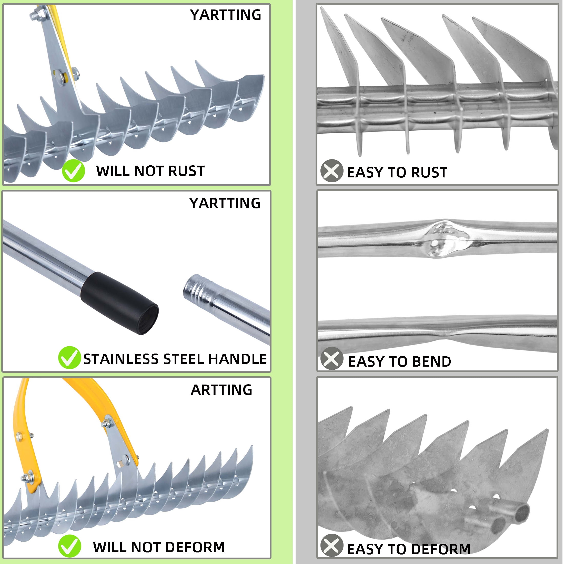 YARTTING Thatch Rake Durable Efficient Dethatcher Rake with Adjustable Handle Steel Garden Rake for Raking Leaves, Dead Grass, Loosening Soil