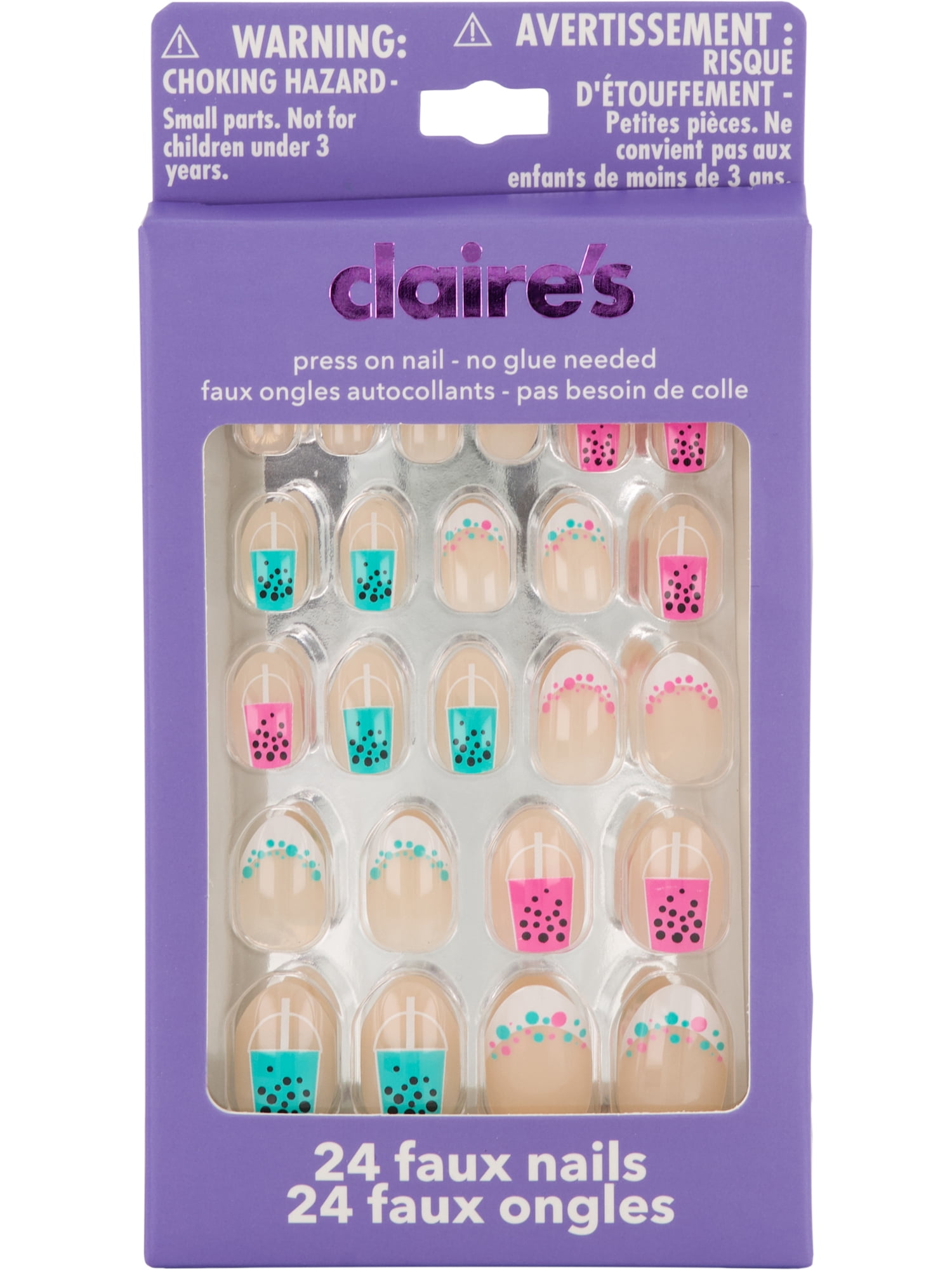 Claire's Teen Girls Boba Tea French Mani Press-on Nail Set, 24 Faux Nails