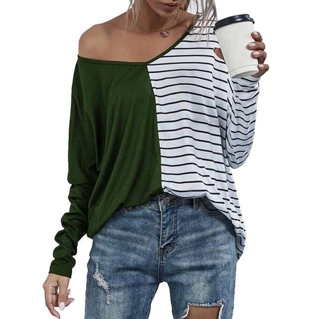 Blusa informal de rayas con cuello en V y manga larga para mujer, color verde