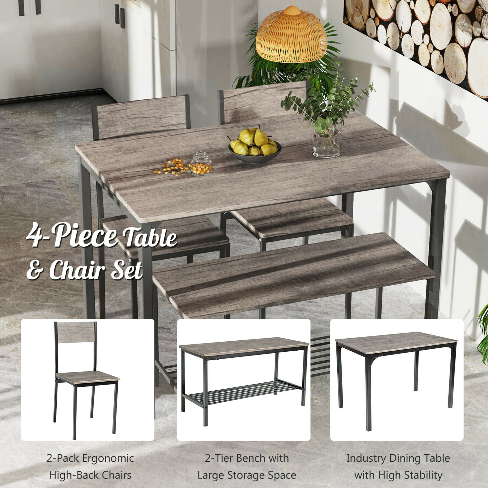 Gymax 4-Piece Dining Set with Bench and Chairs, Grey photo 8