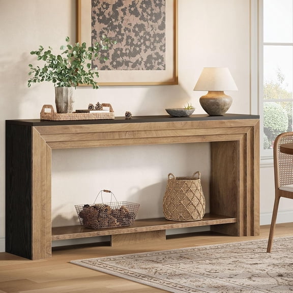 Tribesigns 2-Tier Console Table, 70.9" Narrow Long Sofa Table with Storage, Farmhouse Wooden Entryway Table, Natural & Black