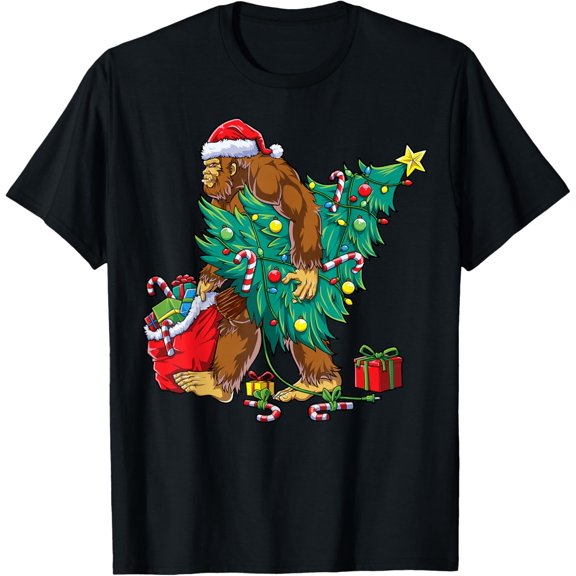 Premium model-Unisex-100% cotton-Most Wonderful Christmas Co Bigfoot Christmas Tree Lights Xmas Boys Men Sasquax T-Shirt