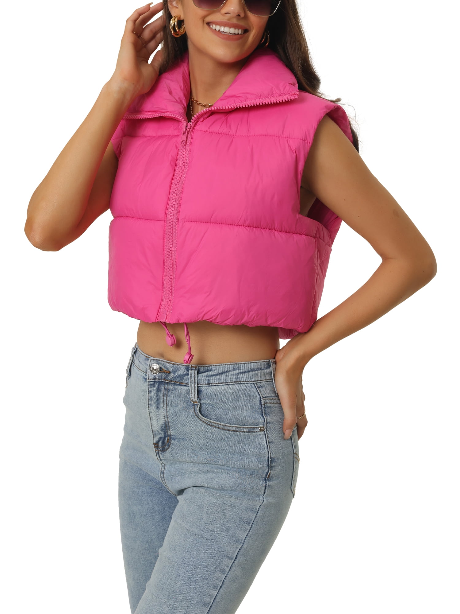 Unique Bargains Women's Padded Vest High Stand Collar Zip Crop Fashion Jacket Puffer Vests XL Hot Pink