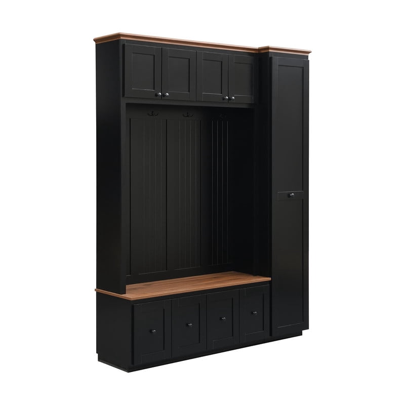 Farmhouse 5-in-1 Hall Tree with Pull-out Side Cabinet, Entryway Bench with 4 Drawers, Modern Coat Rack with Cabinets and Hooks for Mudroom