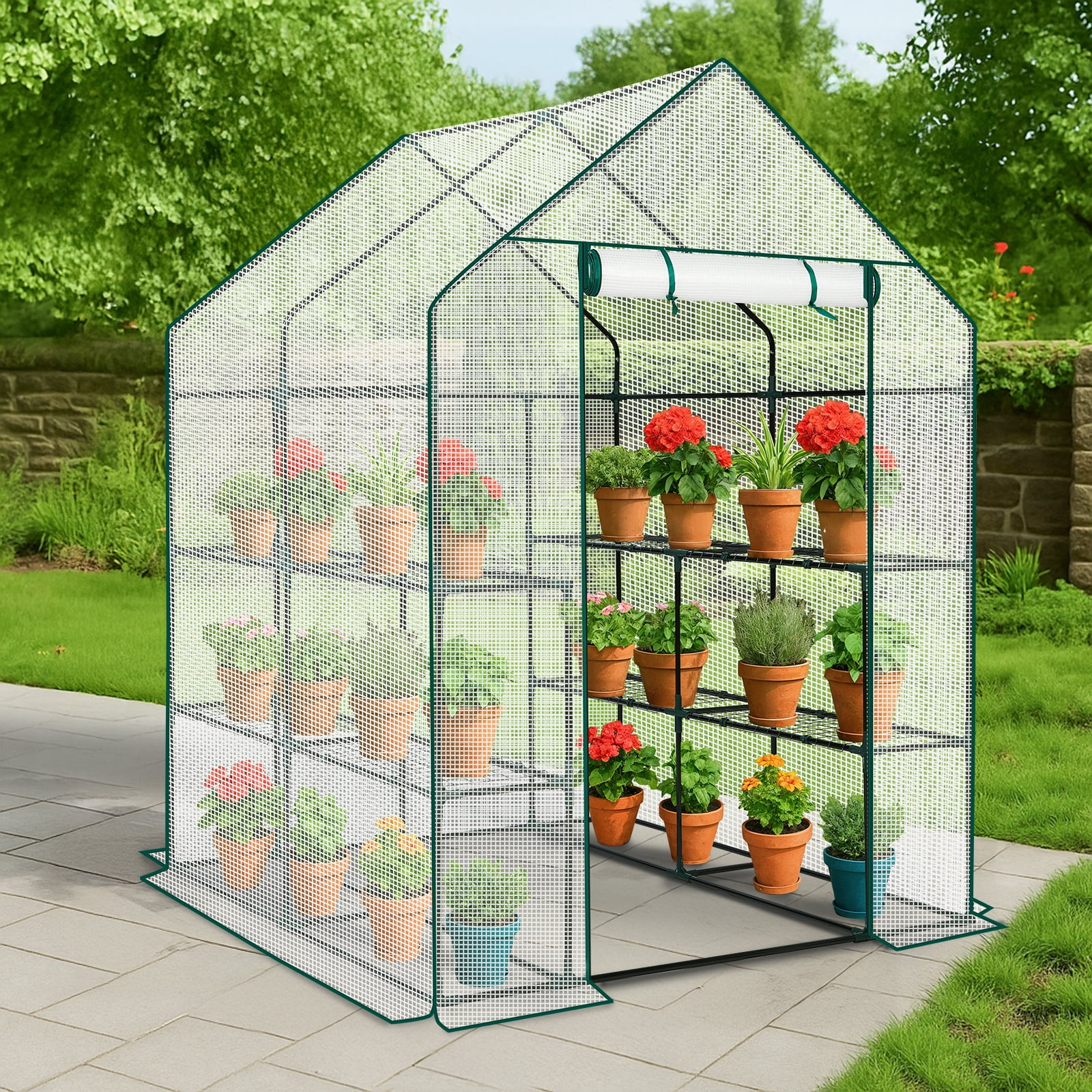 Zimtown 56"x56" Walk-In Greenhouse with 8 Shelves, PE Cover, Zippered Door, Vent Window, Sturdy Frame, White
