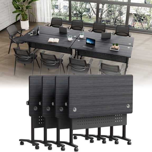 Folding Conference Room Table with Casters, Flip Top Mobile Training Meeting Table with 2 Cable Grommets, Modular Conference Table for Boardroom Classroom Office (4PCS 55.1in)