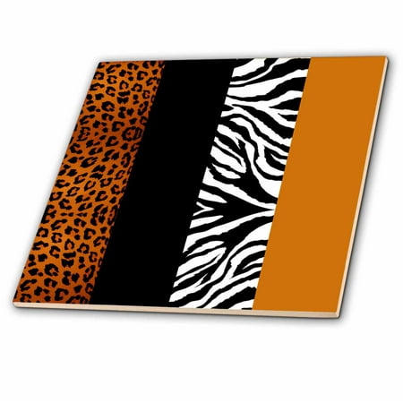 Leopard Tile - 3dRose Orange Black and White Animal Print - Leopard and Zebra - Ceramic Tile, 4-inch
