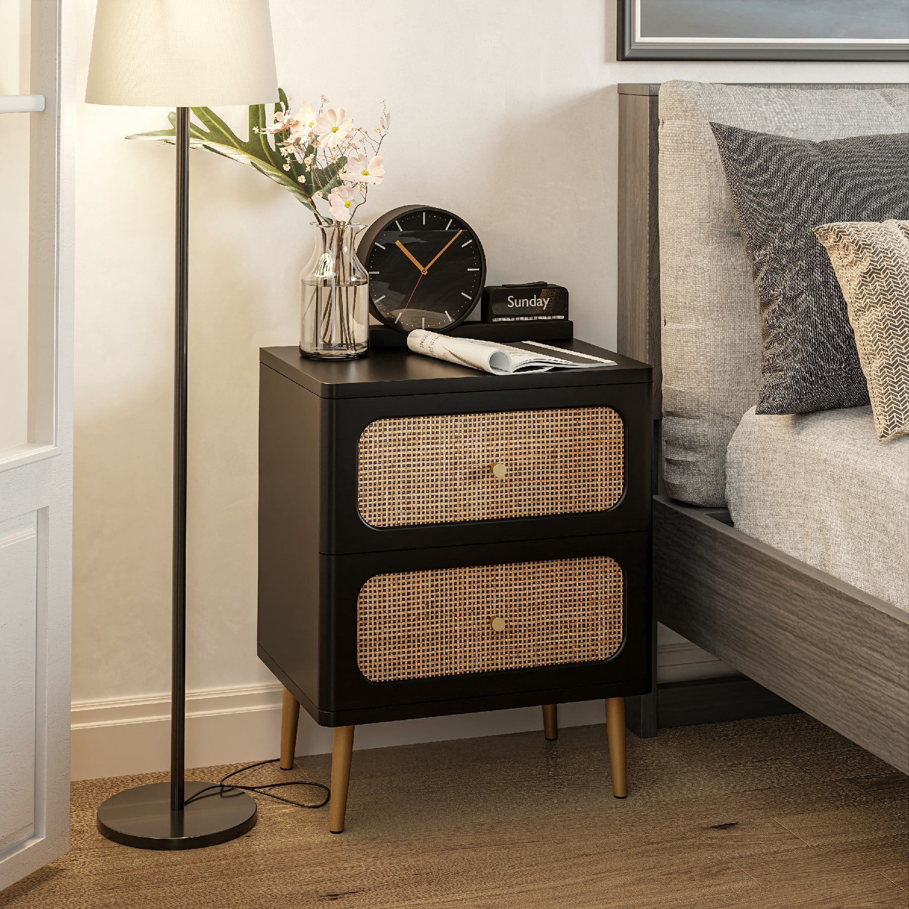【2025年】エレガントファッションを上品に着 2-Drawer COZAYH Wicker Finish White Nightstand, Rattan その他