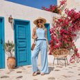 thumbnail image 3 of 2 Piece Sets for Women Casual Summer Sleeveless Round Neck Top Wide Leg Pants Lounge Travel Vacation Outfits Tank Tops Sets Casual Solid Color Outfit, 3 of 5