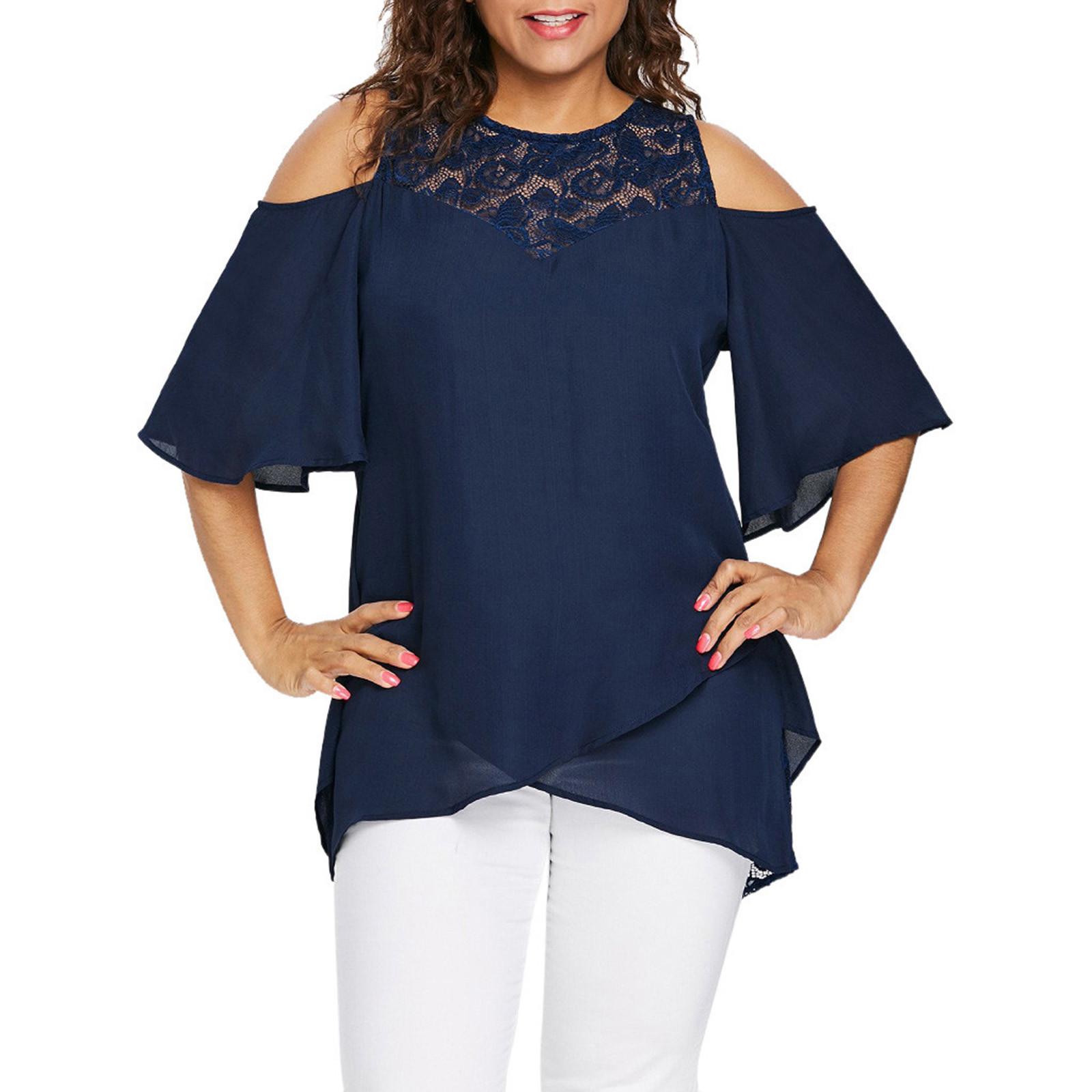 Ruimatai Women's Tops Clearance Plus Size Women ONeck Cold Shoulder Solid Lace Short Sleeve