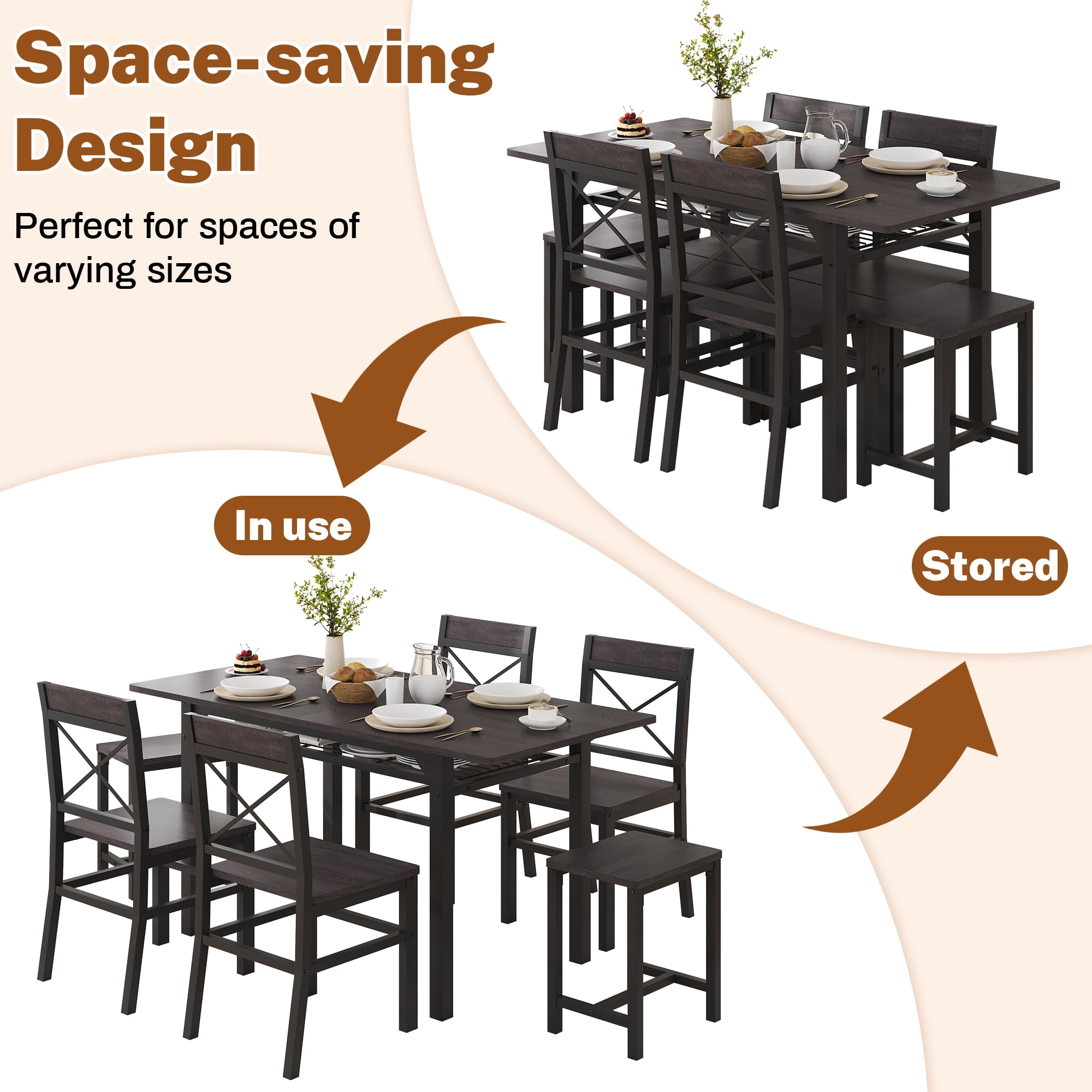 HOQBN Dining Table Set,Wooden Kitchen Table Set for 6,Farmhouse 7-Piece Dining Room Furniture for Small Space, Breakfast Nook, Apartment,Black